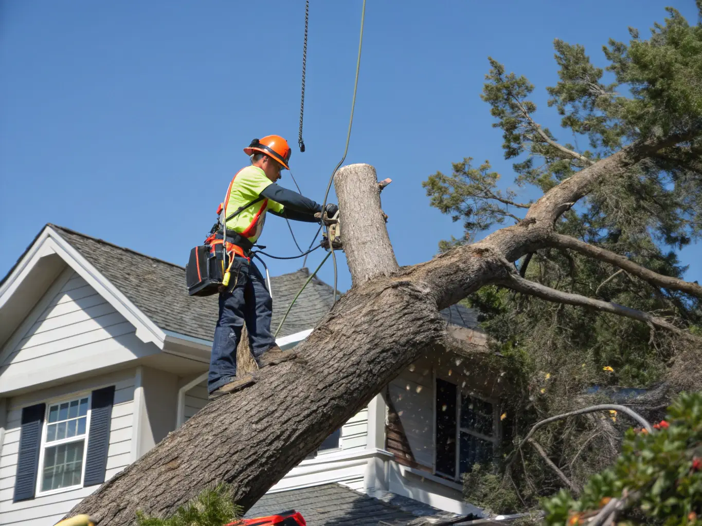 A professional arborist carefully removing a large tree using a crane and safety gear, demonstrating Swiftroot's tree removal service.