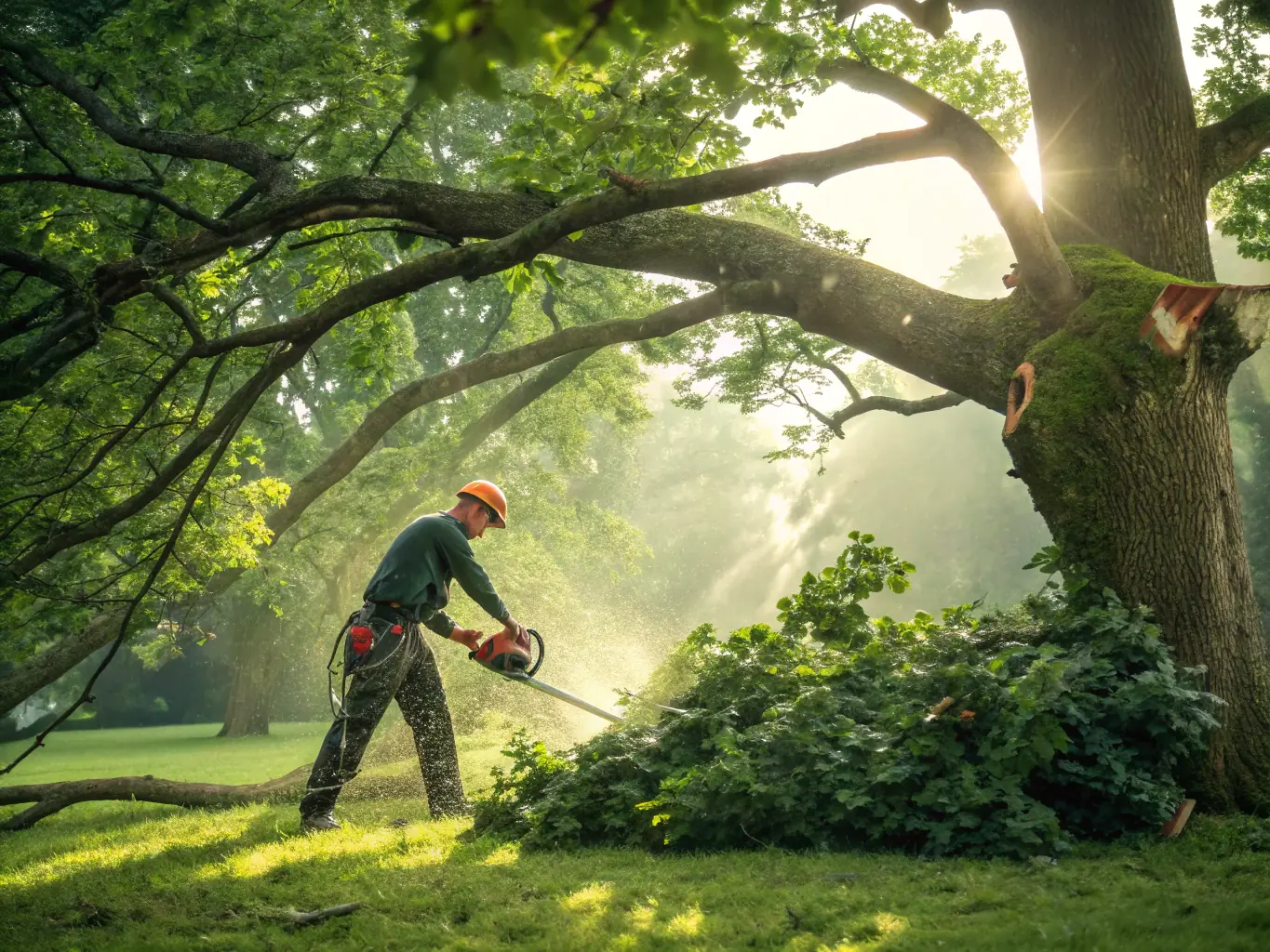 An arborist carefully pruning a mature tree with professional tools, showcasing Swiftroot's pruning and trimming expertise.