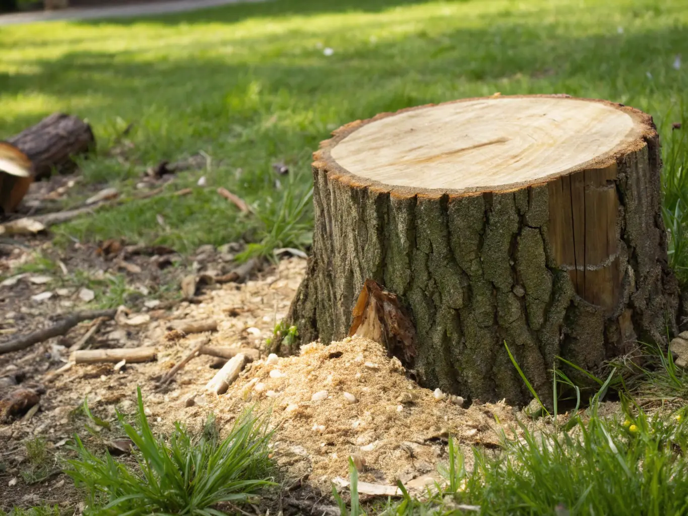 A stump grinder in action, removing a tree stump from a landscaped yard, illustrating Swiftroot's stump grinding service.