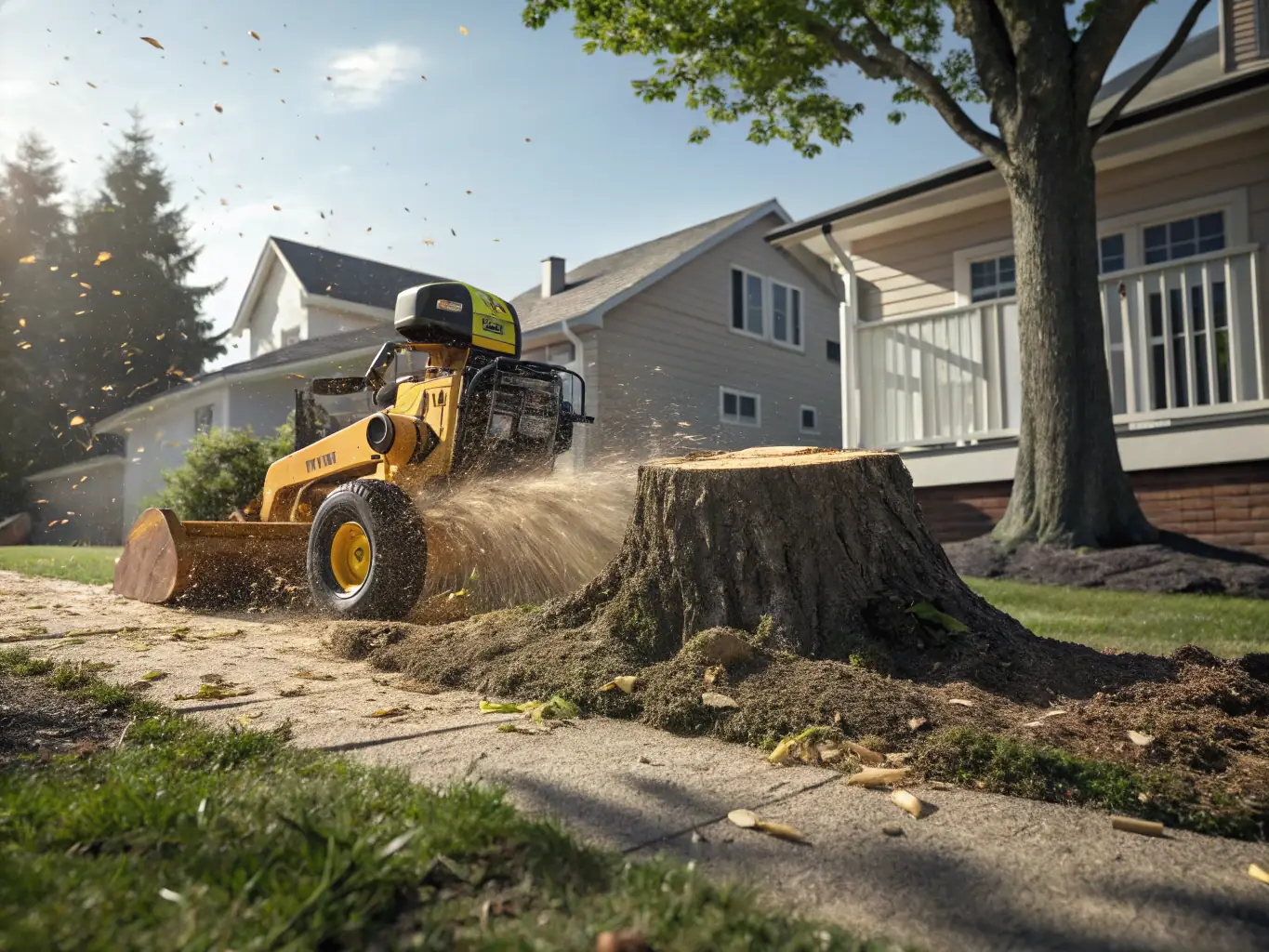 A powerful stump grinder removing a tree stump in a yard, with wood chips flying as the machine grinds the stump below ground level, preparing the area for new landscaping.