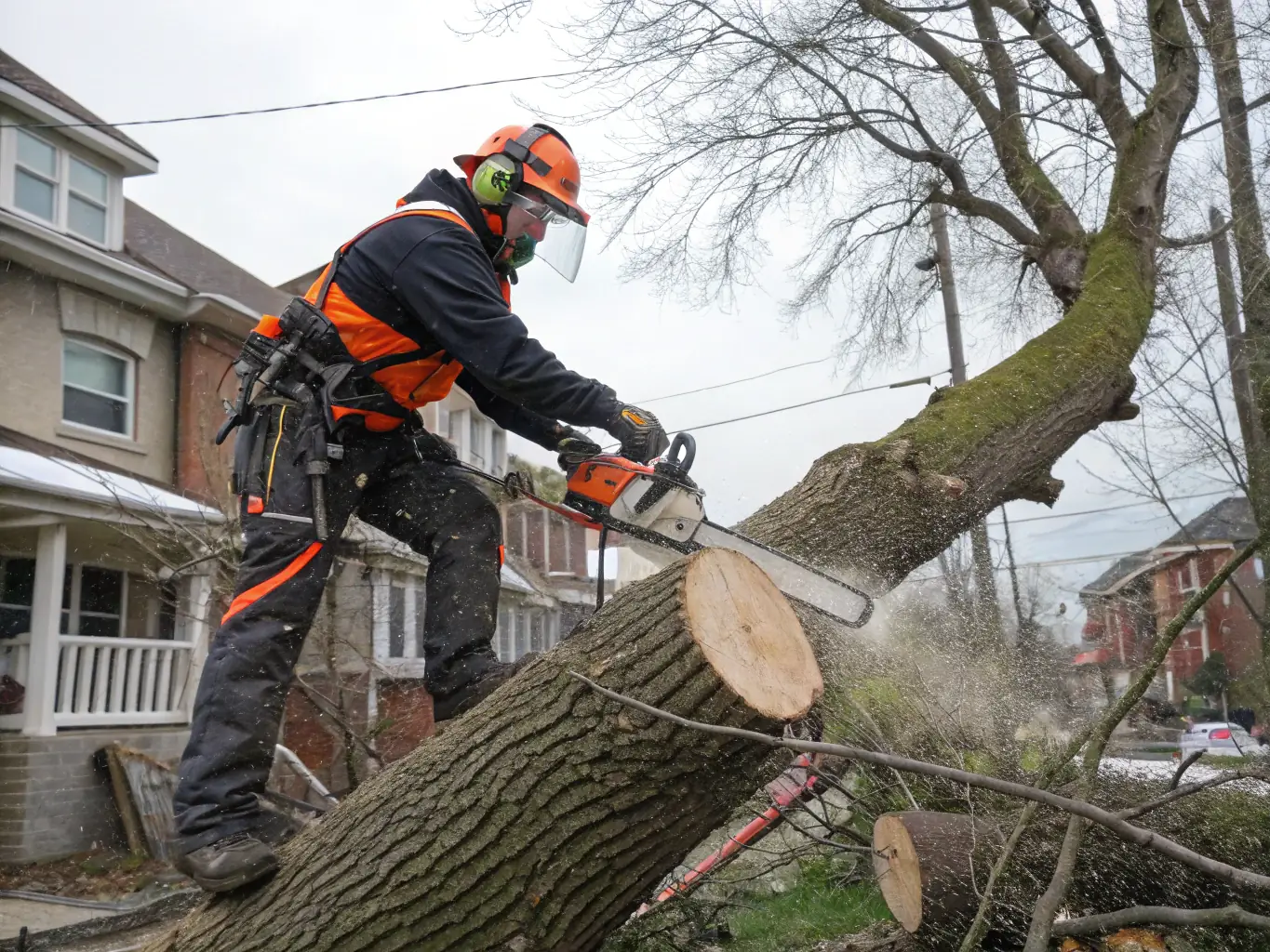 A professional tree removal expert using a chainsaw to carefully cut down a large tree in a residential backyard, with safety gear and ropes ensuring a controlled and safe removal process.
