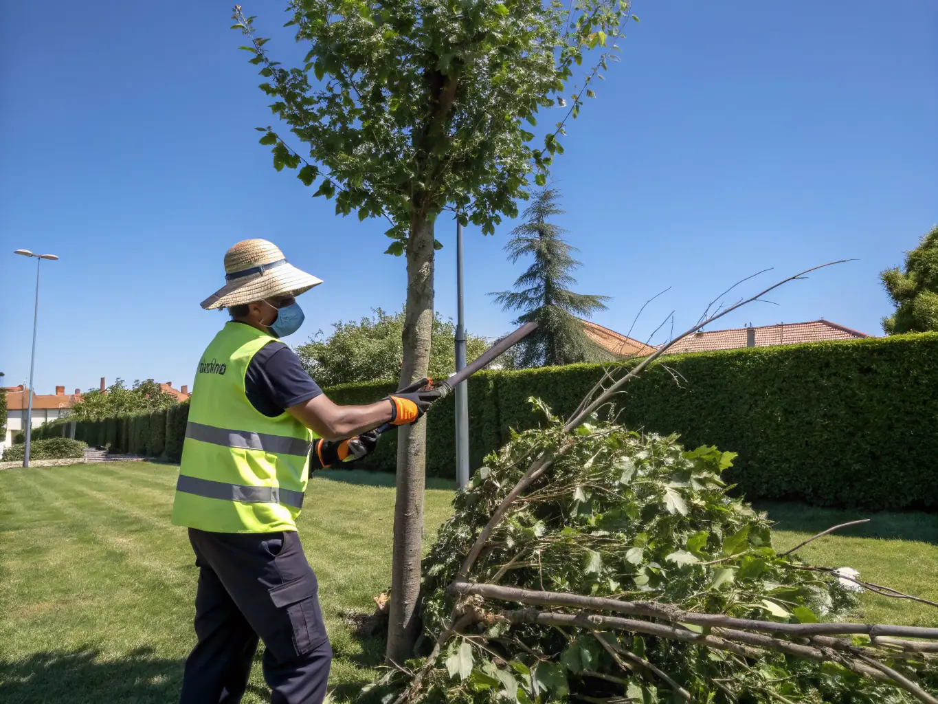 A certified arborist carefully pruning tree branches with professional tools, focusing on promoting healthy growth and improving the tree's structure in a suburban environment.